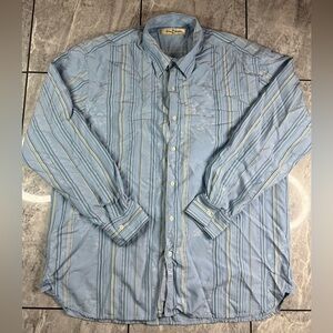 Tommy Bahama Men's Blue Stipe 80%Silk Long Sleeve Button Up Floral Shirt Sz XL